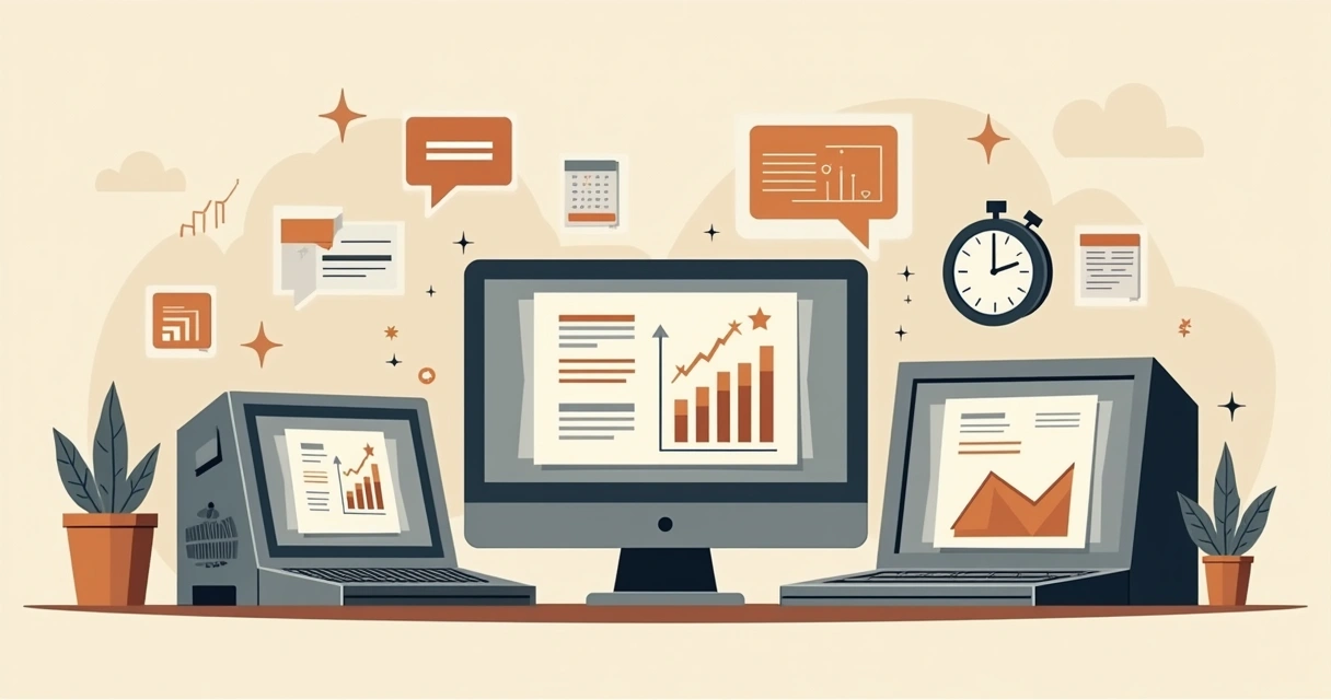 Computadores e dispositivos antigos com gráficos defasados e elementos visuais de feedback travados em tempos passados 