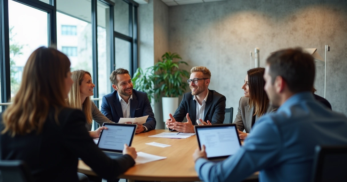 Colaboradores sentados em círculo discutindo relatórios em ambiente corporativo 