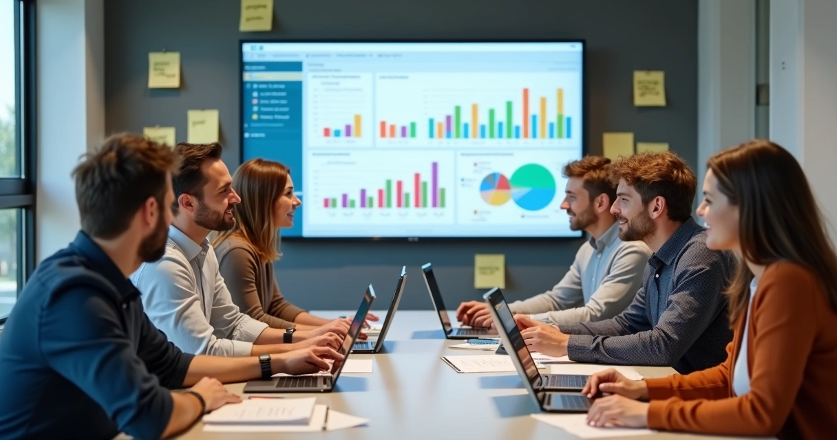 Equipe reunida analisando feedbacks em laptops e tablets 