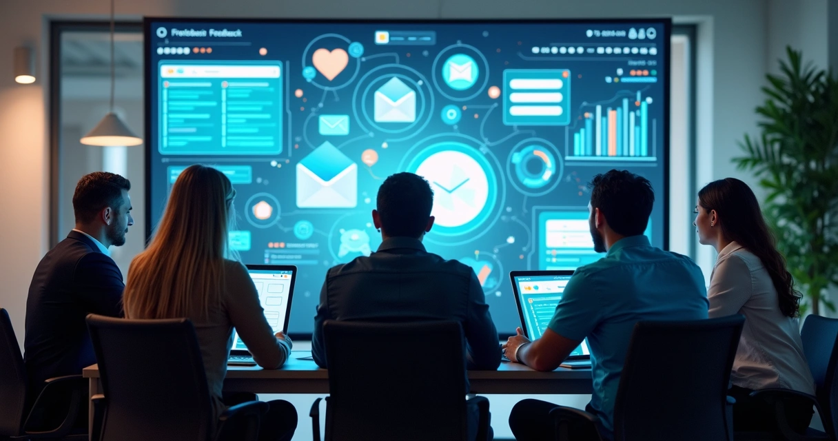 Equipe analisando diferentes tipos de feedback em telas digitais 