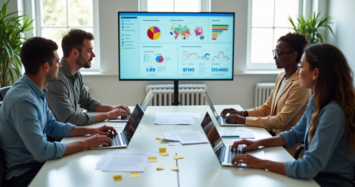 Equipe de produto SaaS em reunião avaliando formulários de feedback