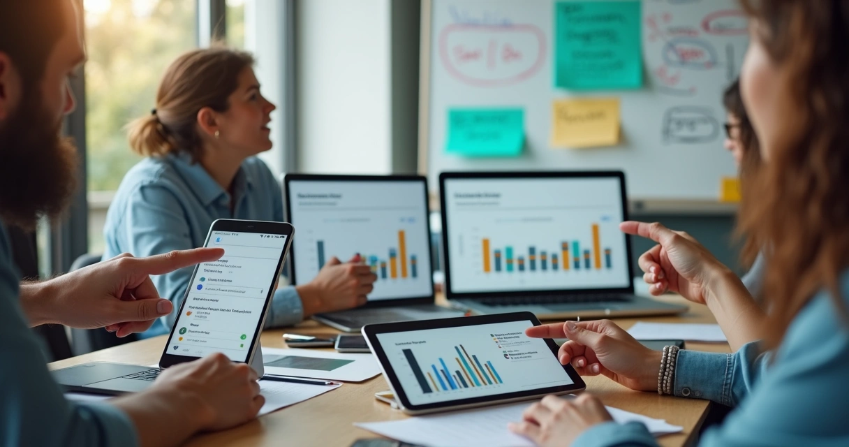 Equipe avaliando feedback de usuários coletados por múltiplos canais 