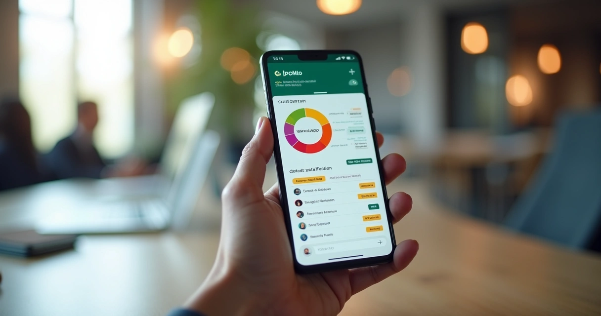 Celular exibindo tela de WhatsApp com gráfico de satisfação do cliente e lista de feedbacks