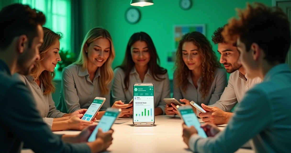Equipe visualizando feedbacks automáticos no WhatsApp, celular em destaque 