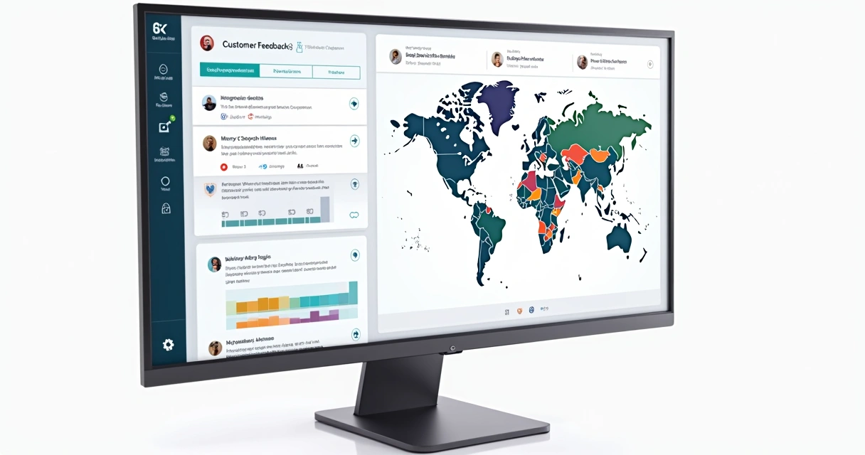Dashboard com gráficos coloridos mostrando feedbacks de vários países e idiomas 