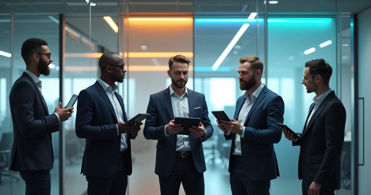 Equipe de pesquisa coletando dados em diferentes setores de uma empresa 