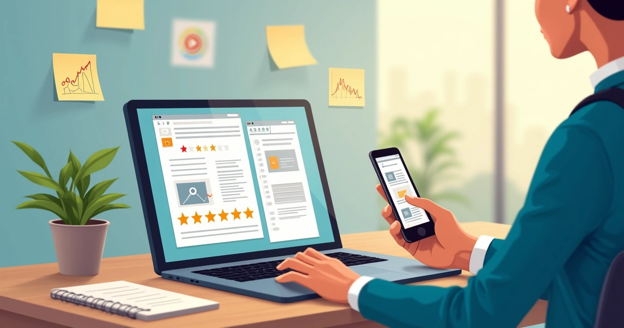 Pessoa usando computador e celular para pesquisar avaliações, preços e depoimentos sobre empresas 
