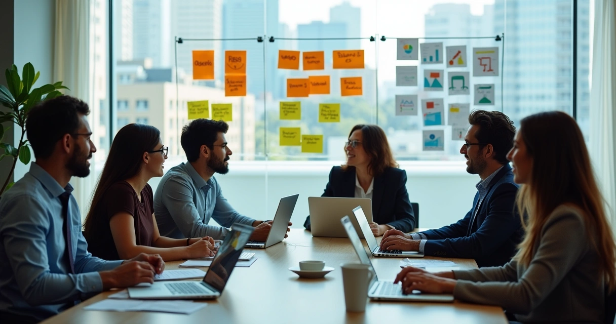 Equipe em sala de reunião discutindo criação do Termo de Abertura 