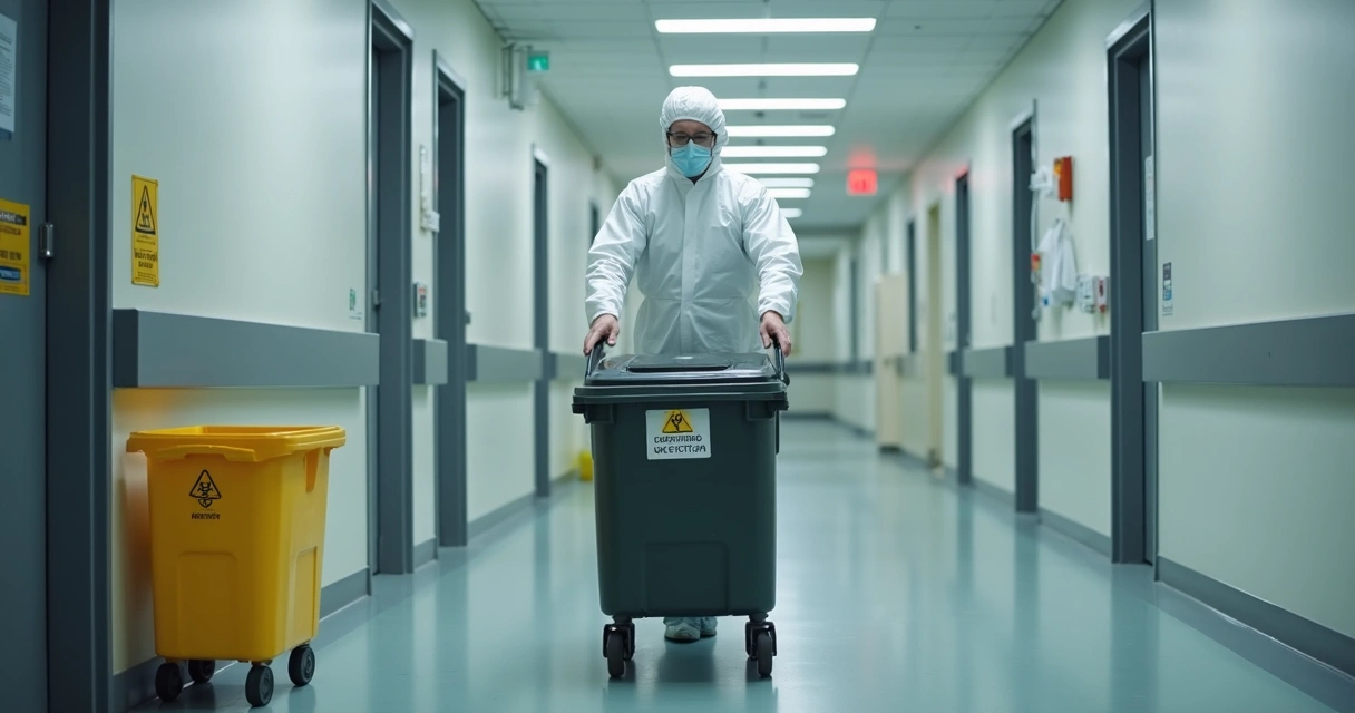 Funcionário transportando lixo hospitalar em carrinho fechado no corredor do hospital 