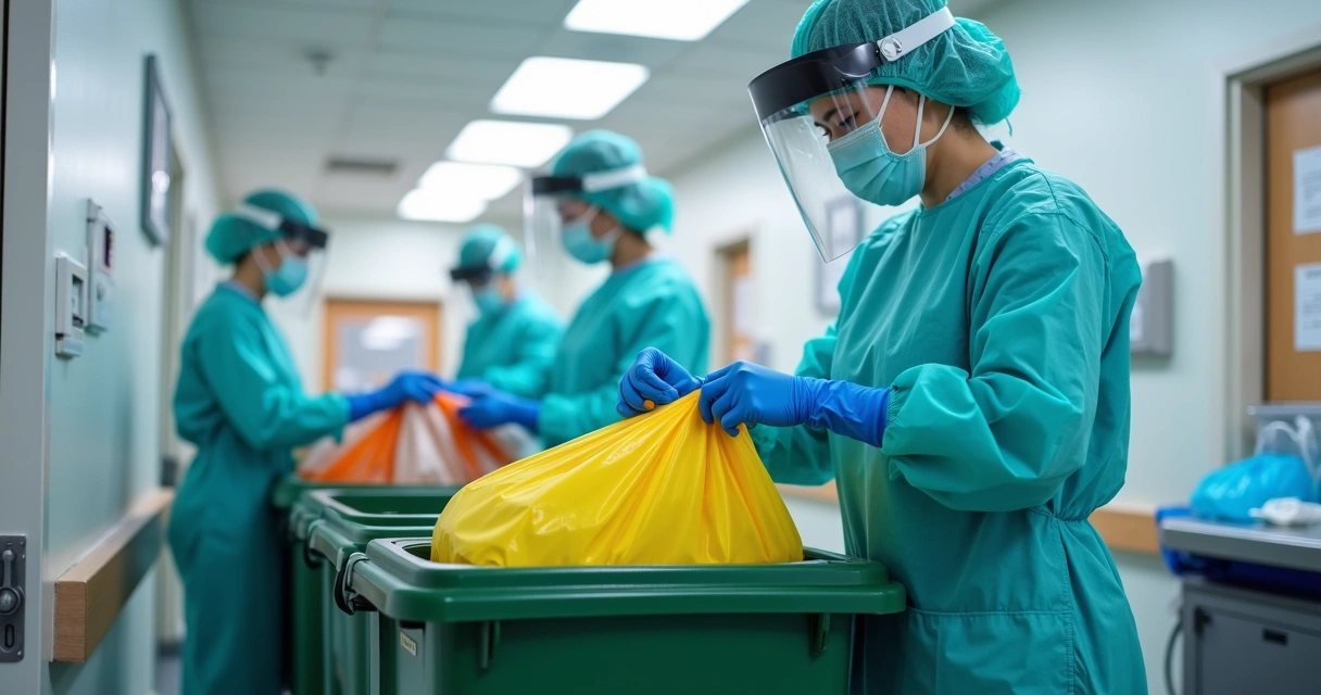 Equipe médica com equipamentos de proteção retirando resíduos hospitalares em sacos especiais coloridos em hospital moderno 