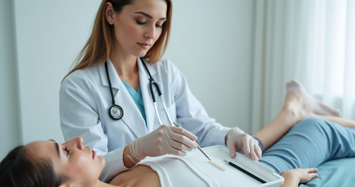 Médica realizando coleta do papanicolau em paciente mulher com jaleco e luvas, clínica branca, atenção ao conforto da paciente 