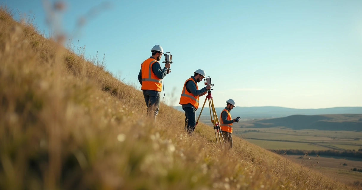 Equipe coletando pontos topográficos em campo com GPS e estação total 