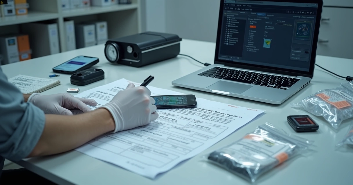 Perito registrando celular, notebook e documentos em mesa técnica