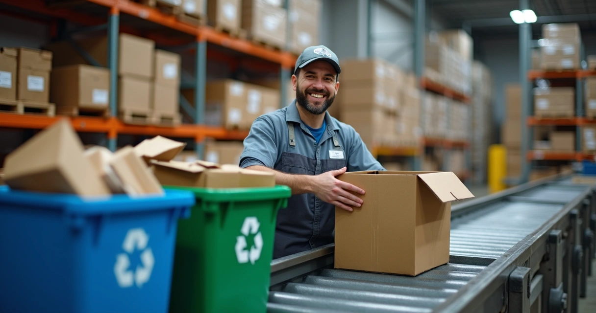 Funcionário recolhe caixa de embalagem para reciclagem em centro logístico 