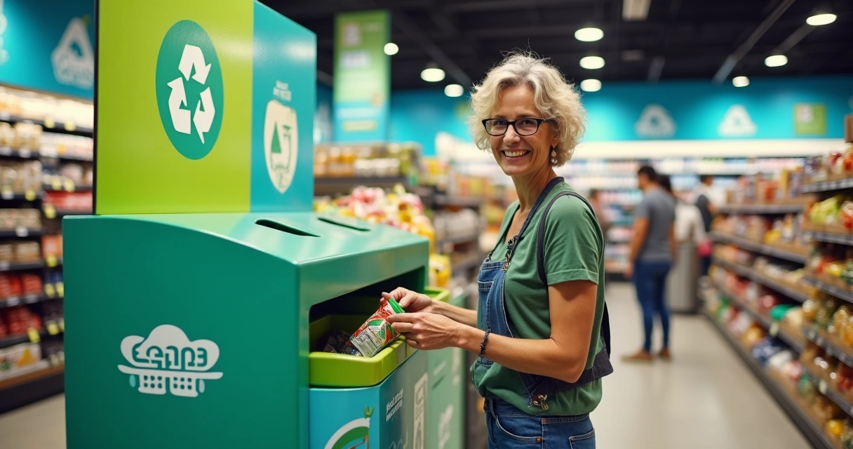 Pessoa depositando resíduos limpos em ponto de coleta de supermercado 