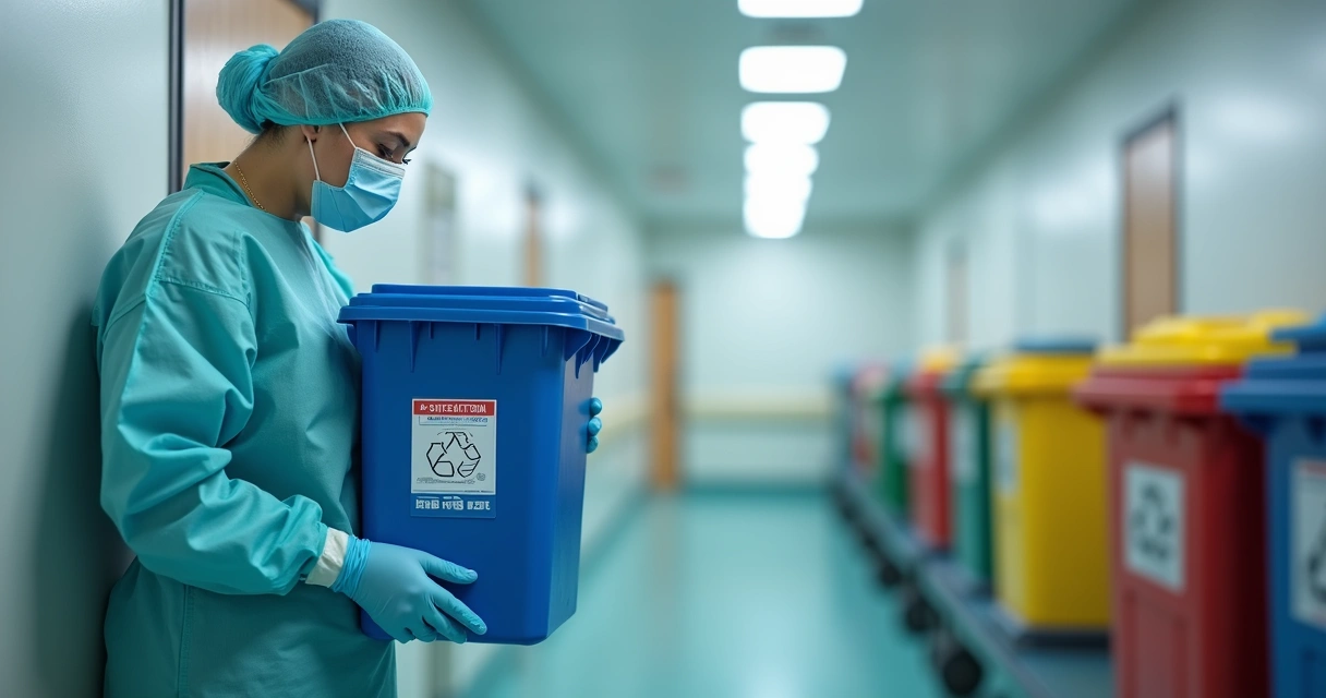 Profissional de saúde usando equipamento de proteção individual segurando recipiente para coleta de resíduos hospitalares coloridos organizados em ambiente hospitalar limpo e iluminado 