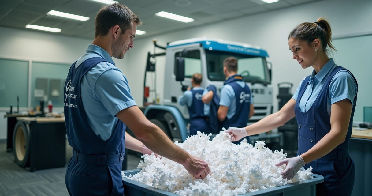 Equipe coletando resíduos de documentos em caçamba identificada 