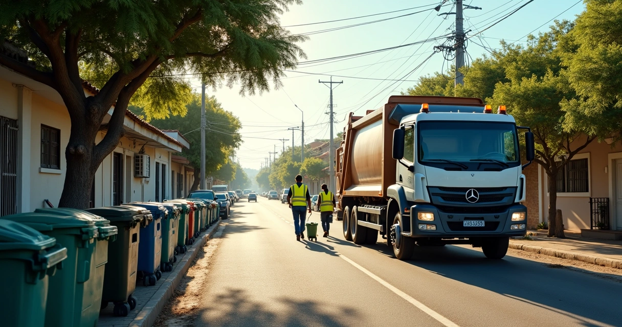 Caminhão de coleta de resíduos em rua de cidade pequena rodeado por casas e árvores.