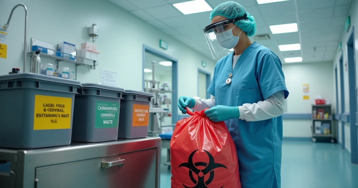 Profissional de saúde com equipamento de proteção individual manuseando saco vermelho para coleta de resíduos infectantes em ambiente hospitalar 