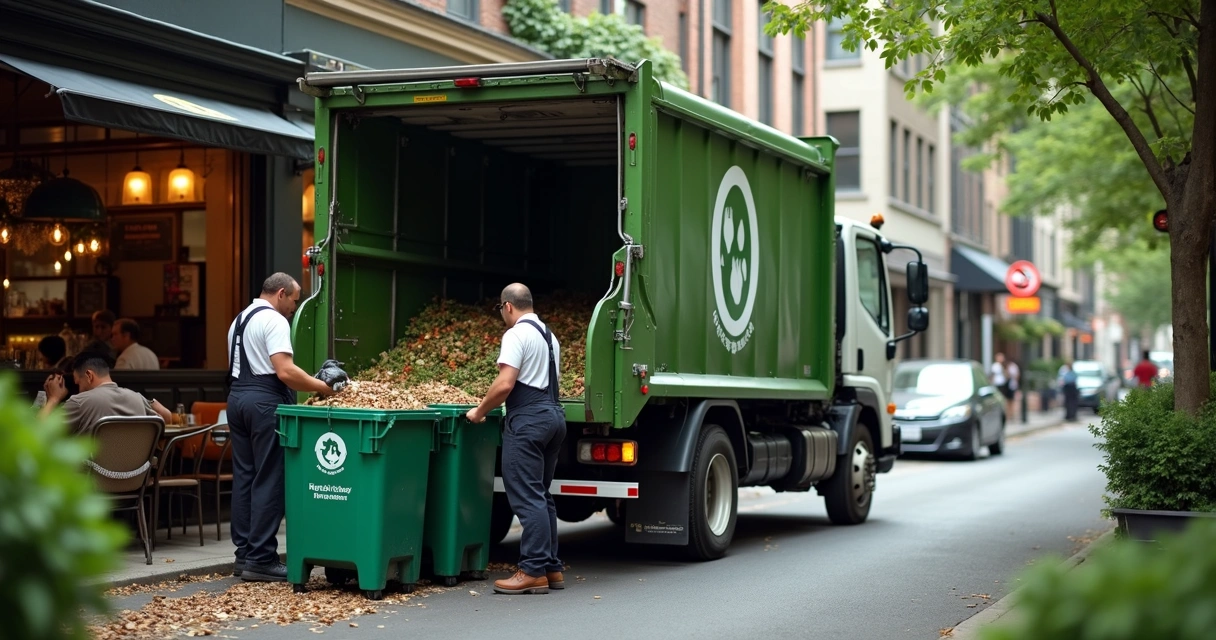 Caminhão coletando resíduos orgânicos de um restaurante 