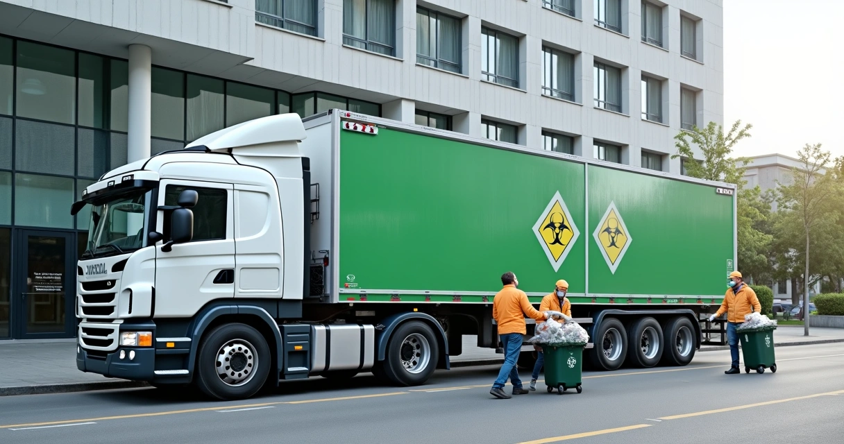 Caminhão especial coletando resíduos hospitalares selados 