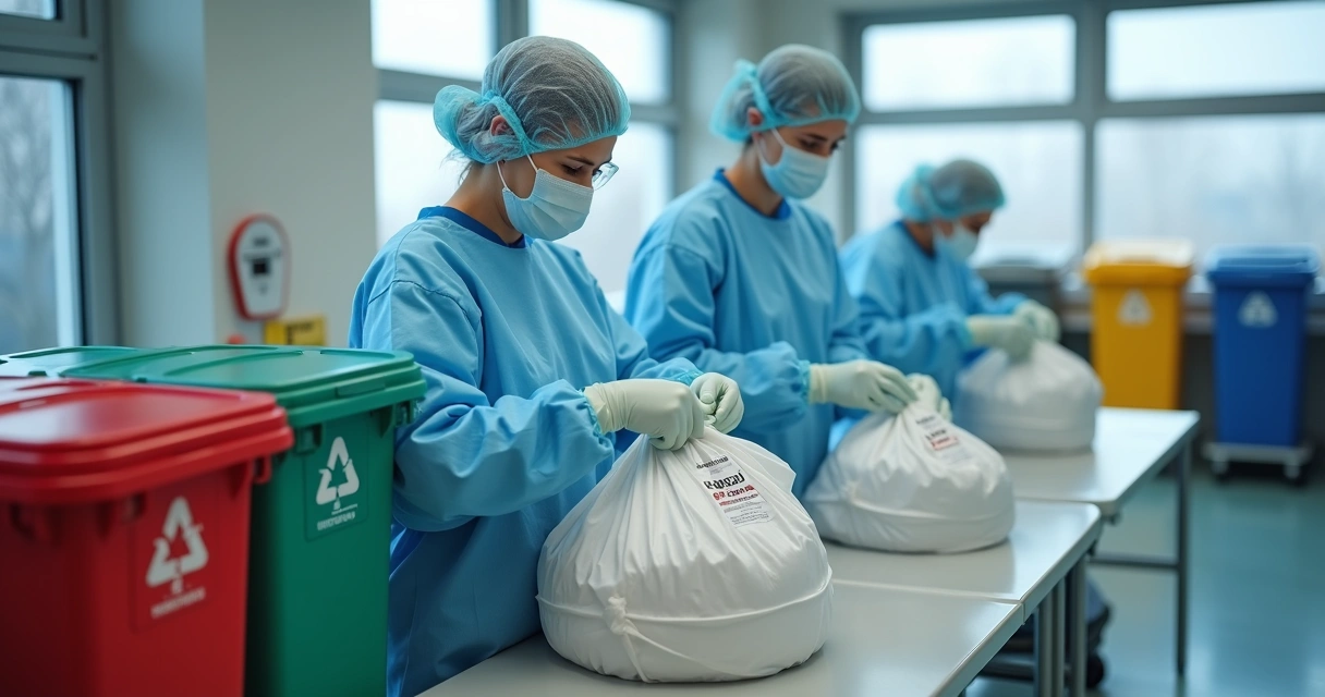 Equipe com equipamentos de proteção recolhendo resíduos hospitalares em saco lacrado e rotulado 