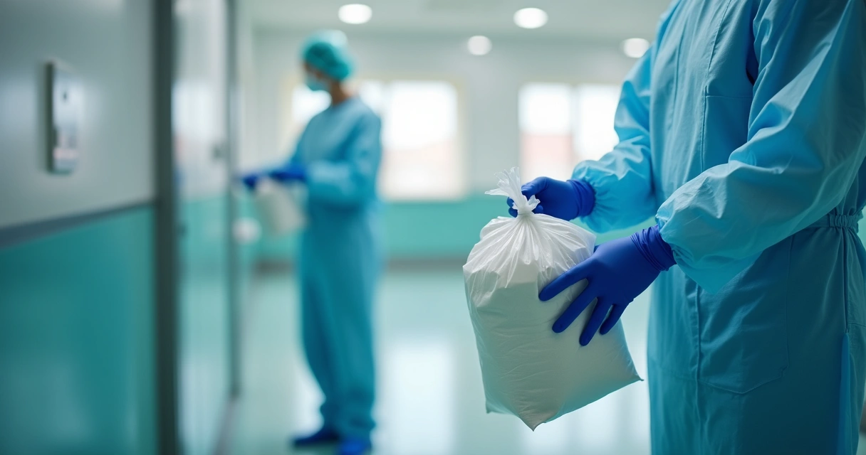 Profissionais de saúde usando EPIs recolhendo resíduos infectantes em sacos plásticos adequados dentro de um ambiente hospitalar limpo e organizado 