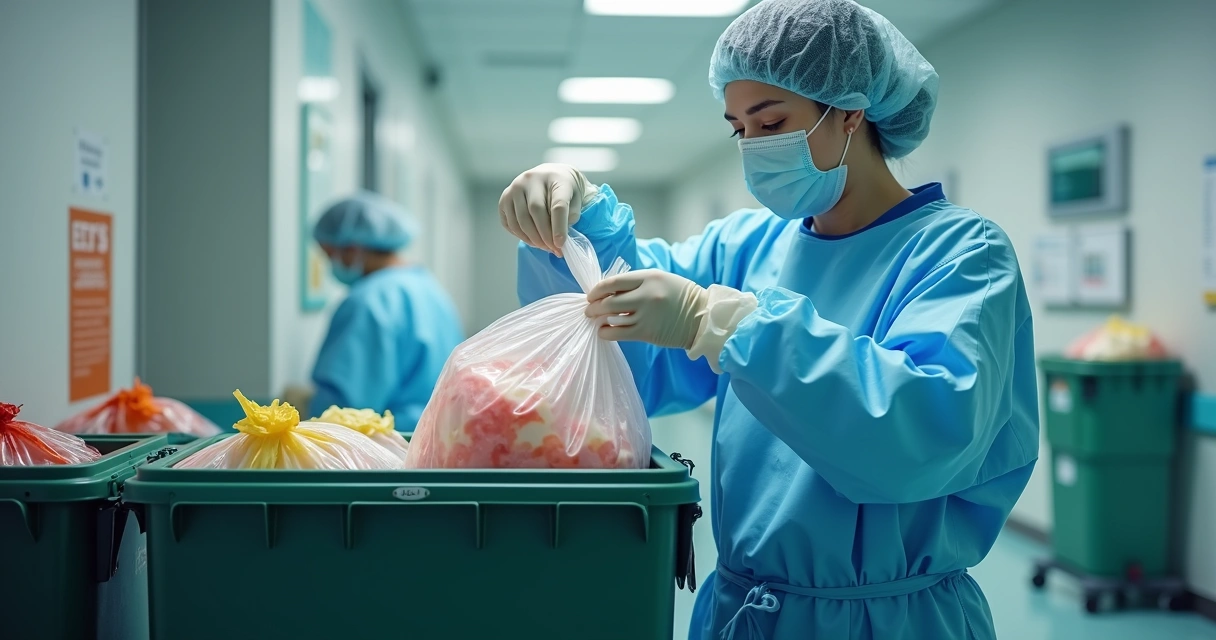 Profissional de saúde com equipamentos de proteção recolhendo resíduos infectantes em sacos específicos coloridos 