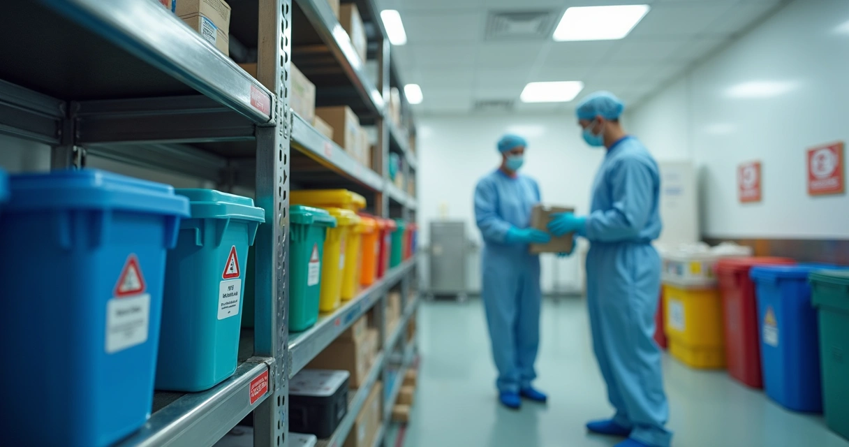 Recipientes específicos para descarte de produtos químicos em área de coleta seletiva bem organizada 