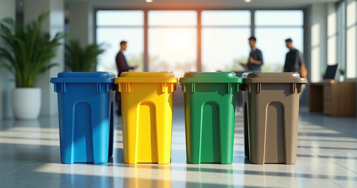 Baldes coloridos para coleta seletiva organizados em área de empresa moderna 