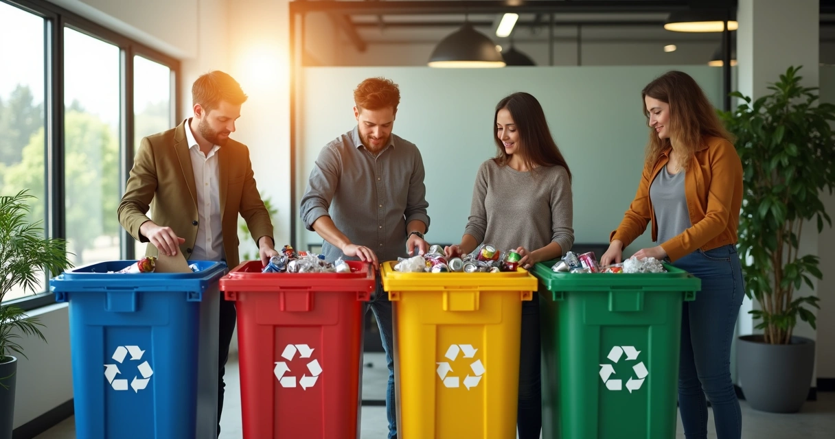 Funcionários de empresa organizando resíduos em lixeiras coloridas.