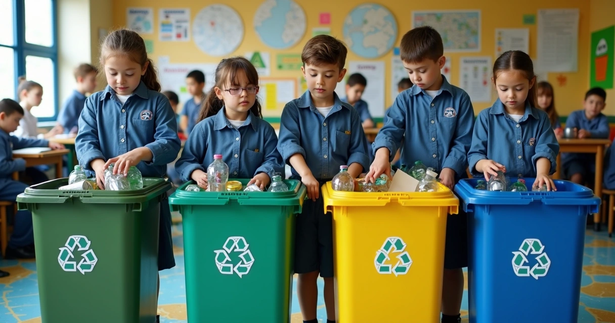 Estudantes depositando lixo reciclável em ponto de coleta seletiva em escola