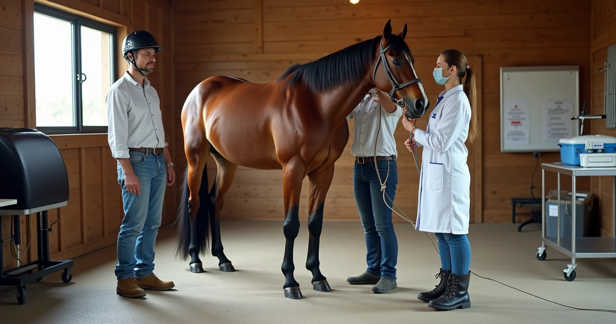 Veterinário coletando sêmen de garanhão em haras com equipe e equipamentos ao fundo 