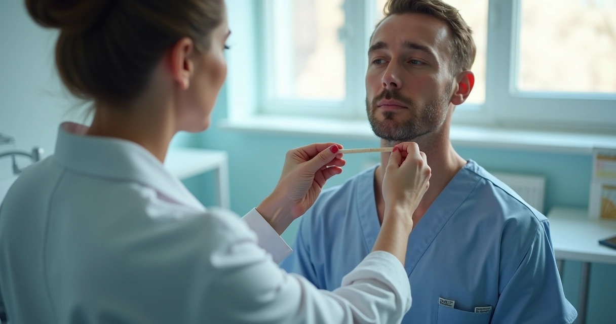 Enfermeira coletando amostra com swab em consultório