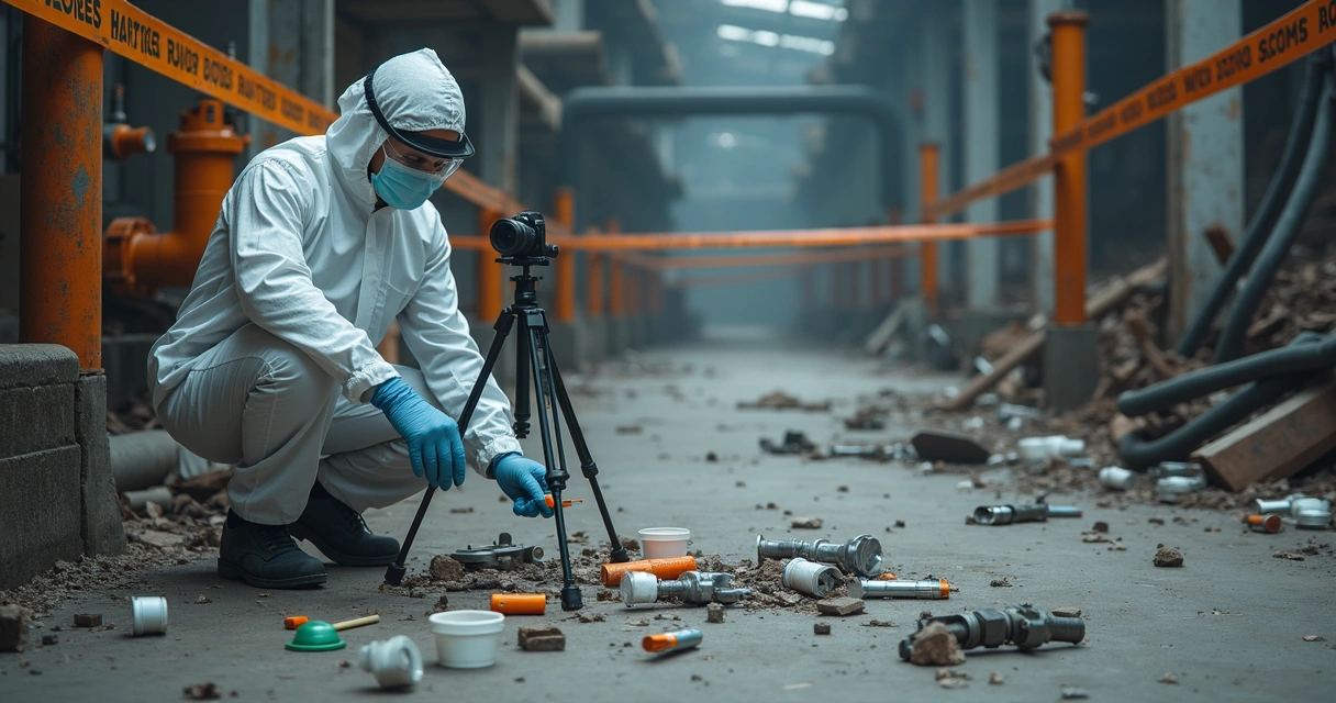 Perito coletando vestígios em área de explosão industrial 