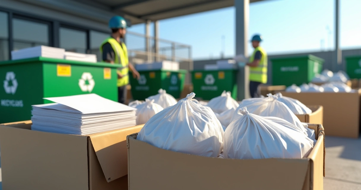 Caixas e sacos cheios de papel reciclável organizados para coleta seletiva em área industrial limpa 