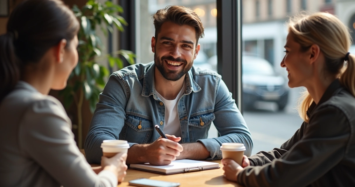 Empreendedor coletando feedback de clientes em café 