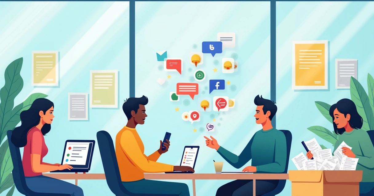 Grupo de profissionais em escritório moderno coletando feedback de clientes por meio de diferentes métodos