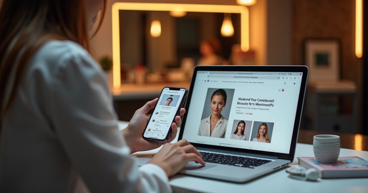 Profissional de clínica de beleza usando TikTok para captar leads em laptop e celular 