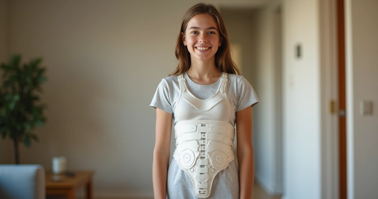 Coletes Ortopédicos: Tipos, Indicações e Como Escolher o Ideal 3 Adolescente com colete ortopédico para escoliose, de pé em casa
