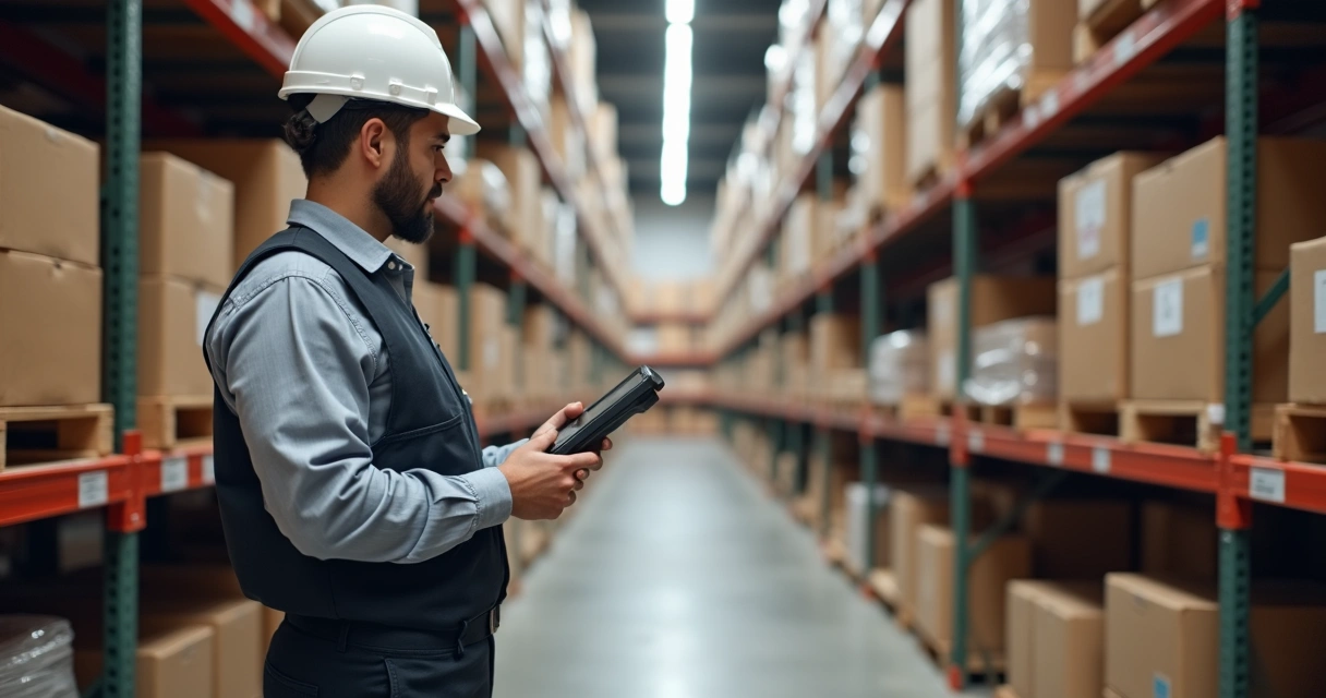 Colaborador usando coletor móvel em estoque de centro logístico 