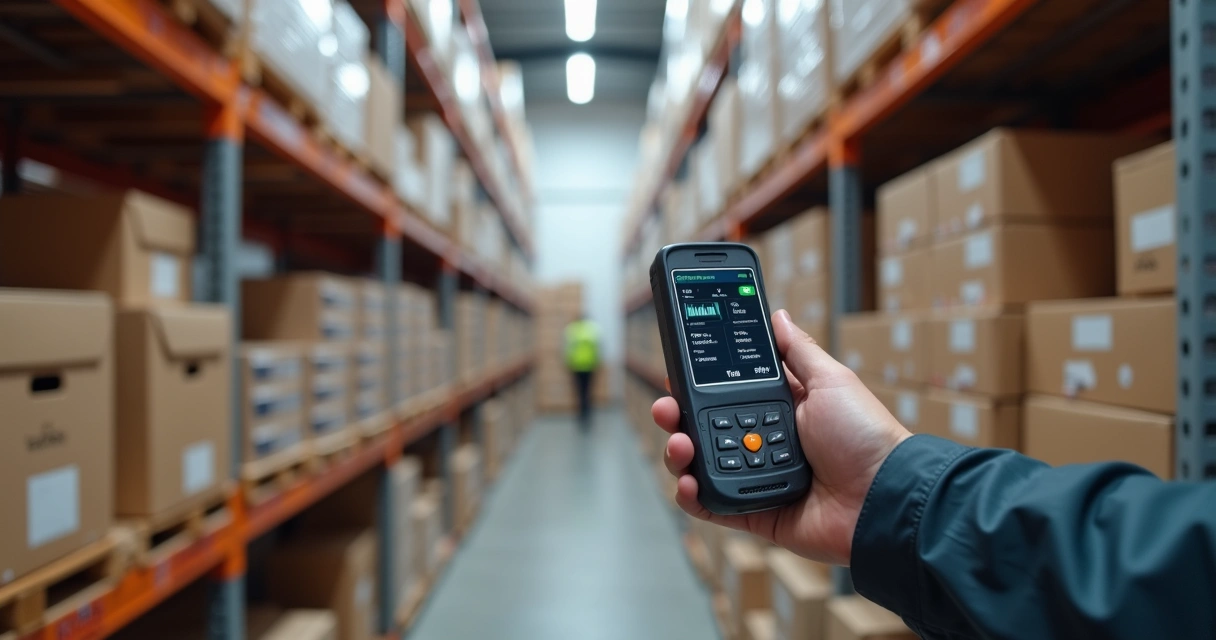 Operador usando leitor RFID em inventário de estoque 