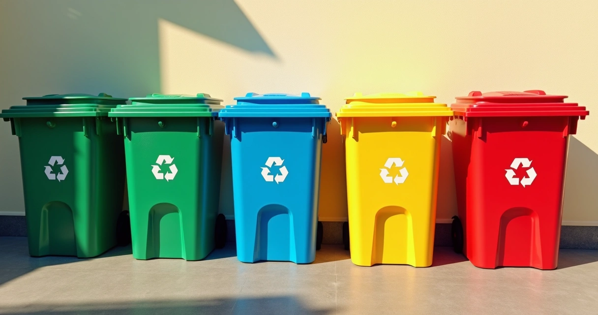 Lixeiras coloridas de coleta seletiva em escola 