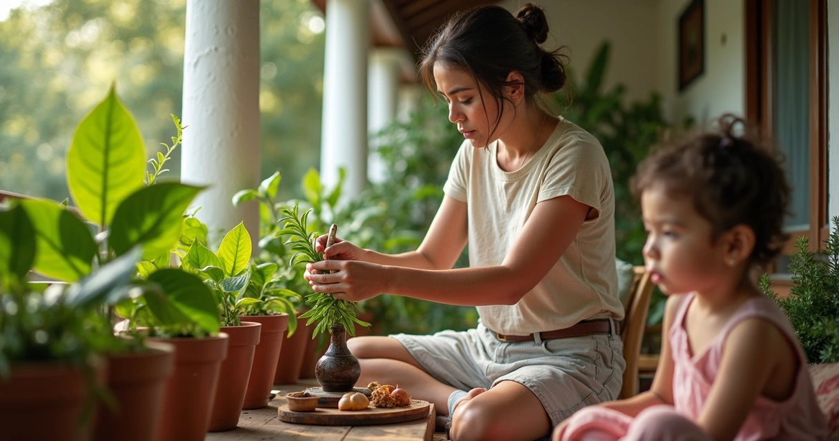 Mãe colhendo folhas de arruda e guiné em vasos com criança 