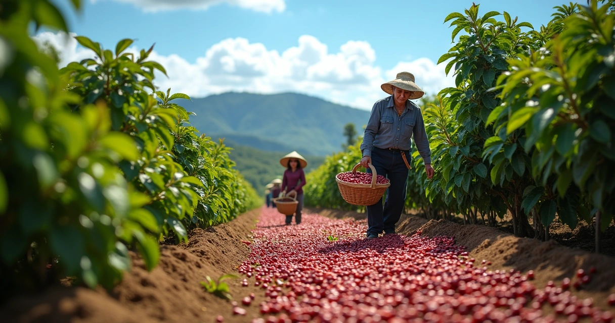 Colheita seletiva de café arábica em plantação com grãos maduros, céu azul e trabalhadores no campo 