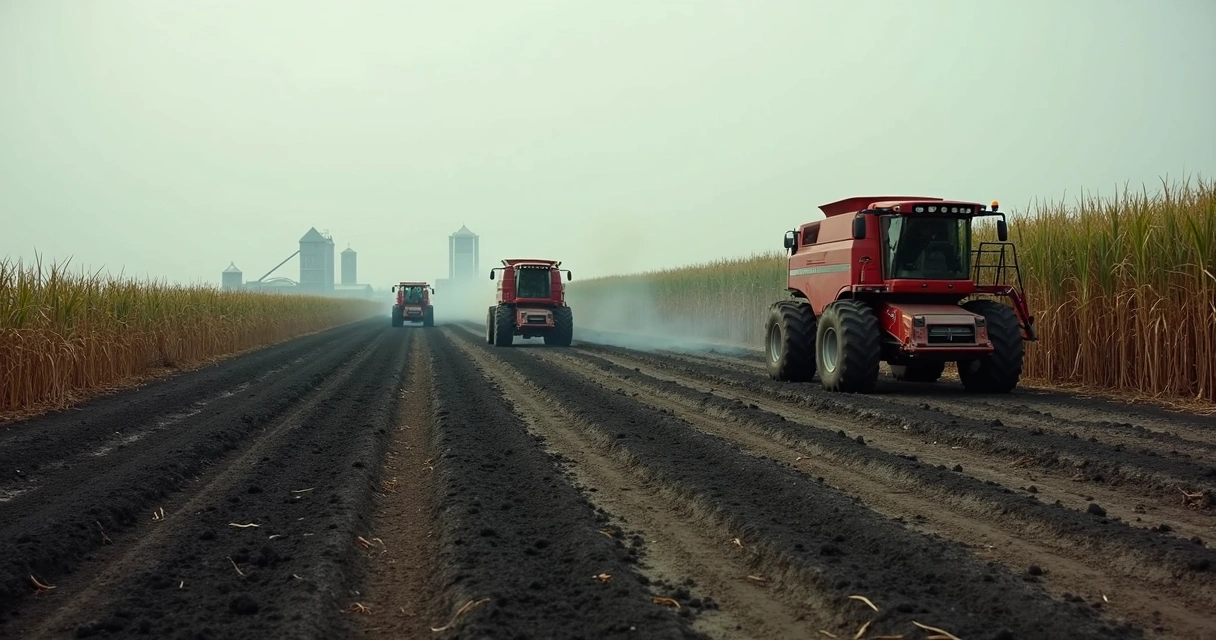 Tratores colhendo cana-de-açúcar em um campo parcialmente queimado, clima nublado e tom melancólico 