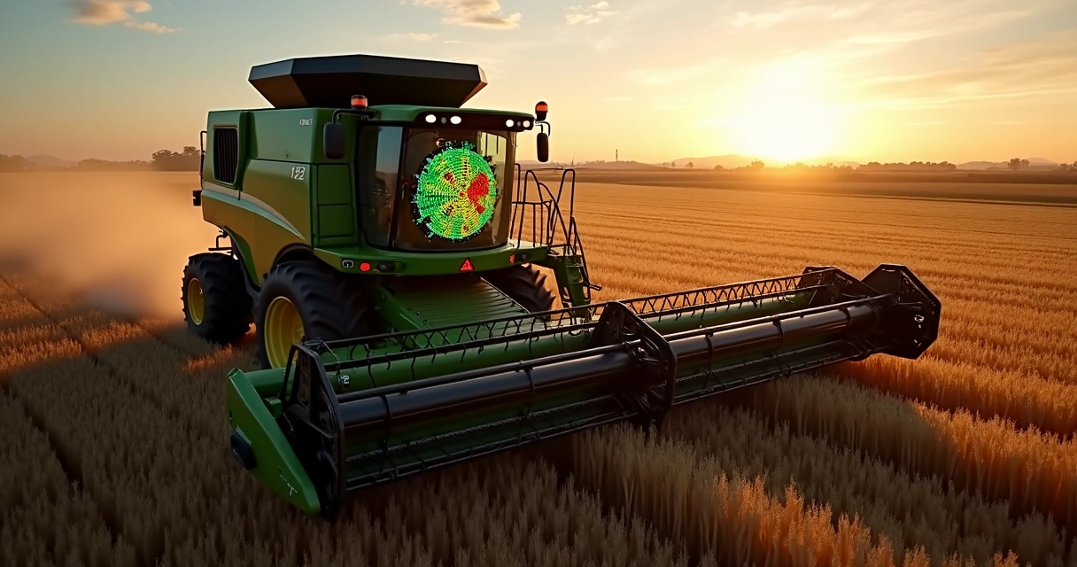 Colheitadeira operando em fazenda com mapa digital de produtividade na tela 