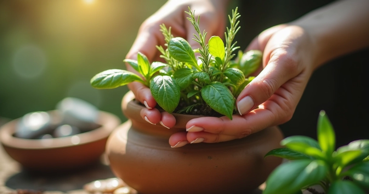 Mãos femininas colhendo ervas ritualísticas de um vaso 