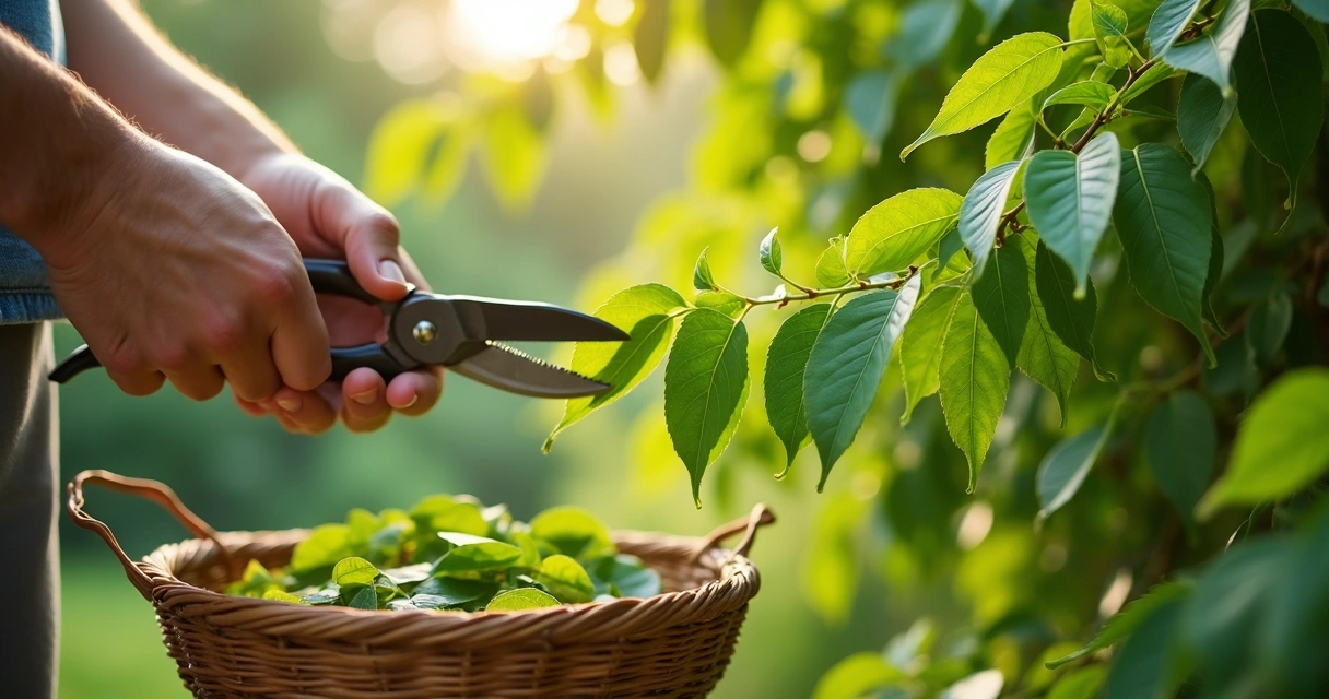 Pessoa colhendo folhas frescas de moringa com tesoura de poda
