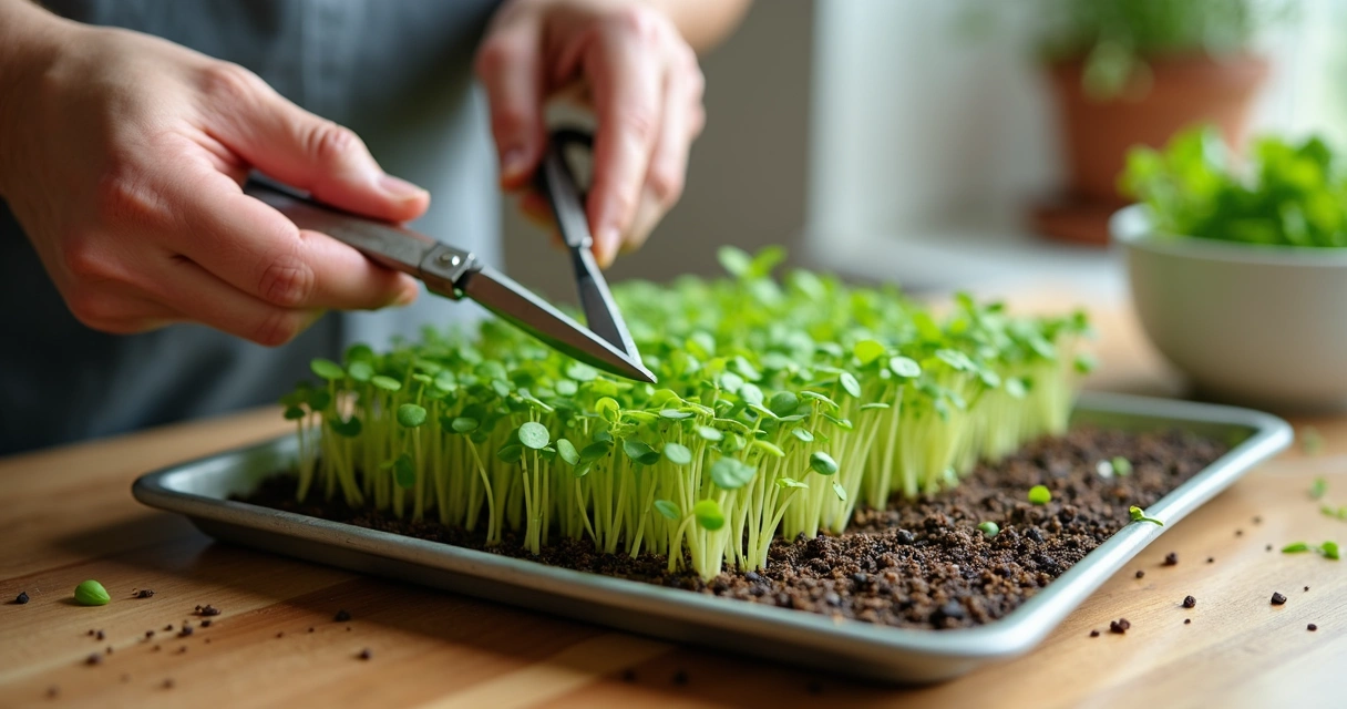Tesoura cortando microverdes de moringa na cozinha